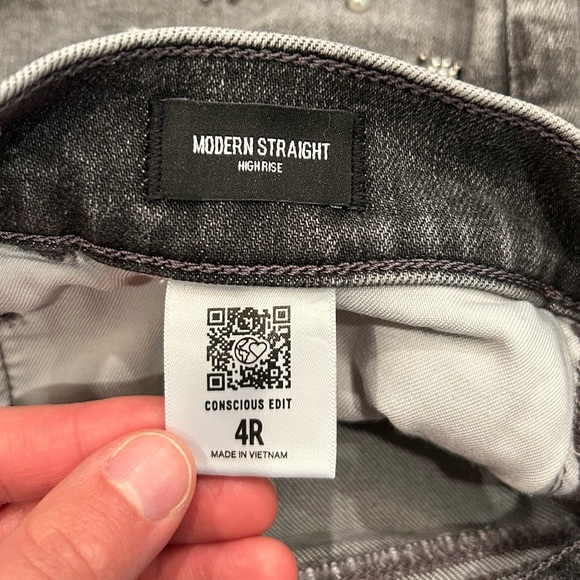 Express High Waisted Ripped Pearl Embellishment Modern Straight Jeans - Picture 13 of 16